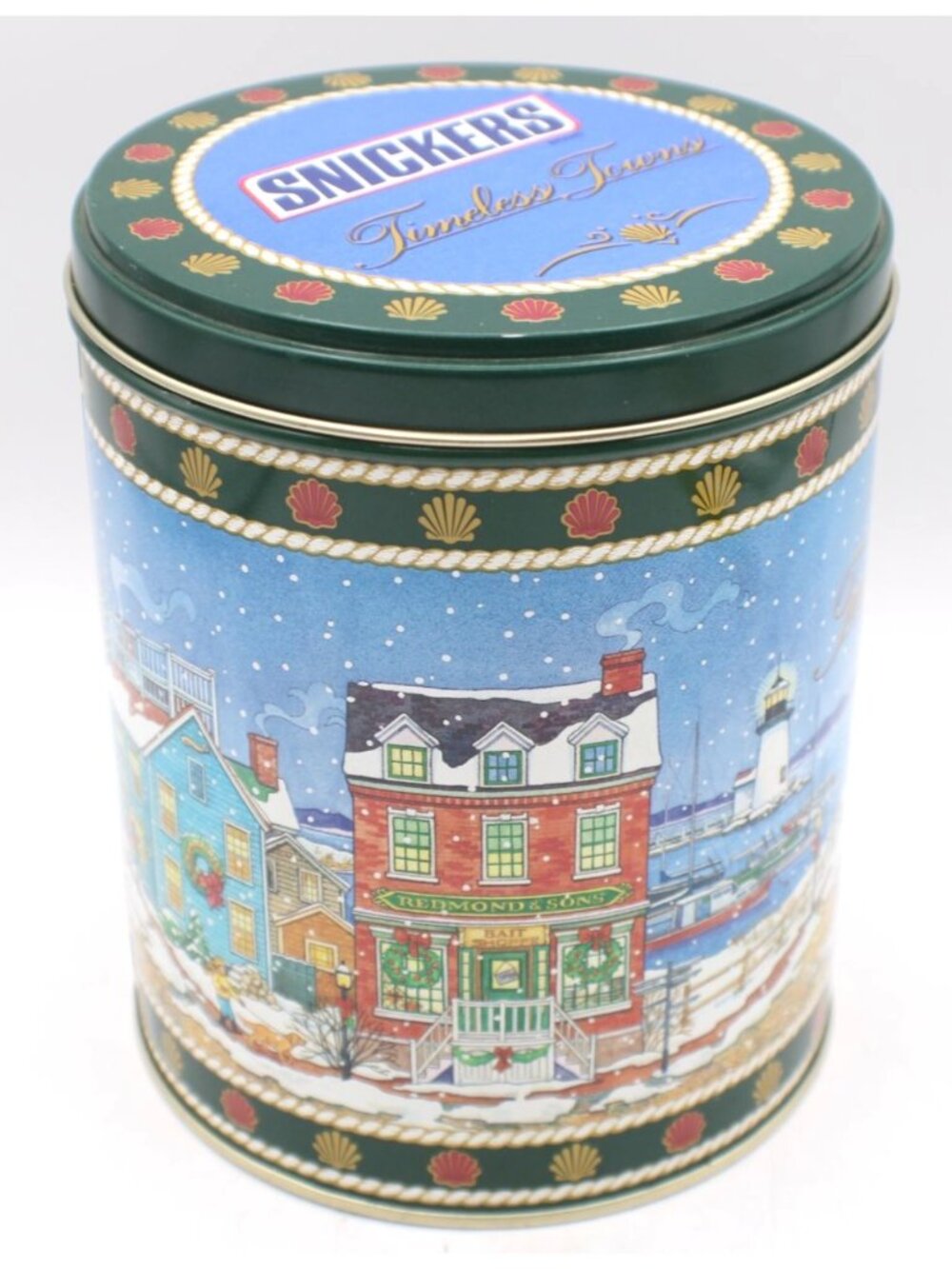 Snickers Timeless Towns 1992 Collectible Holiday Tin With Winter Town Scene Desi